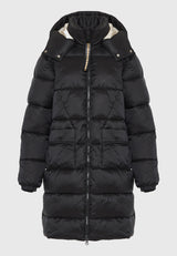 Jachetă lungă pufoasă cu croială regulată și glugă