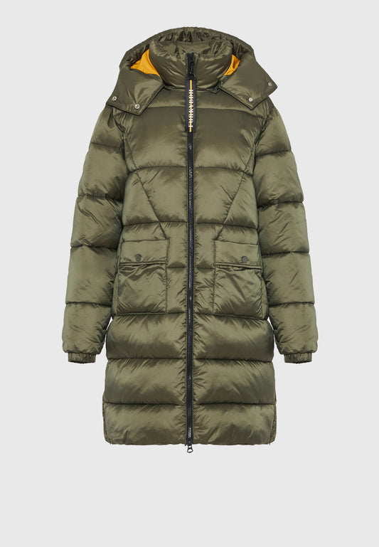 Jachetă lungă pufoasă cu croială regulată și glugă