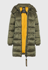 Jachetă lungă pufoasă cu croială regulată și glugă