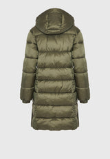 Jachetă lungă pufoasă cu croială regulată și glugă