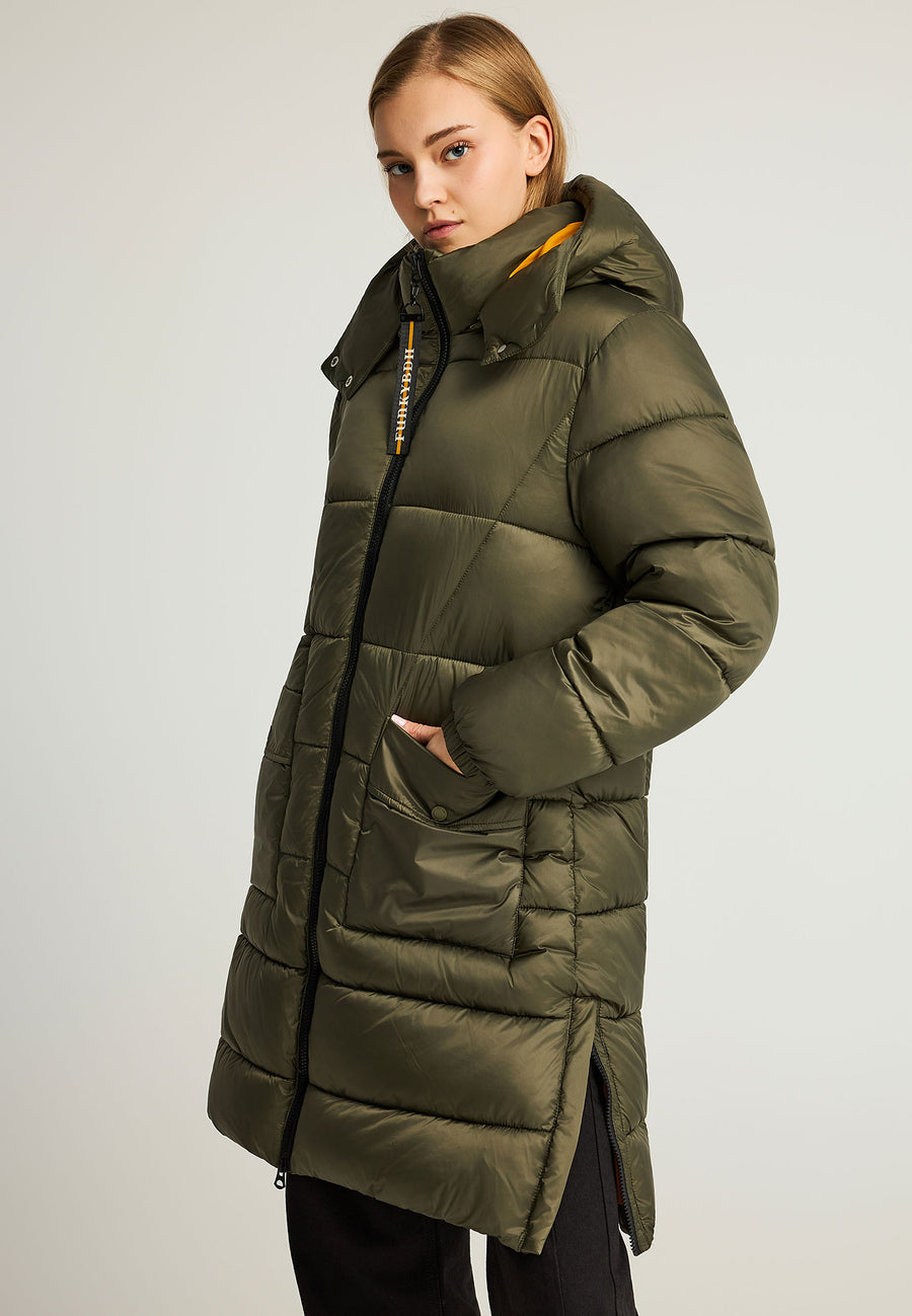 Jachetă lungă pufoasă cu croială regulată și glugă