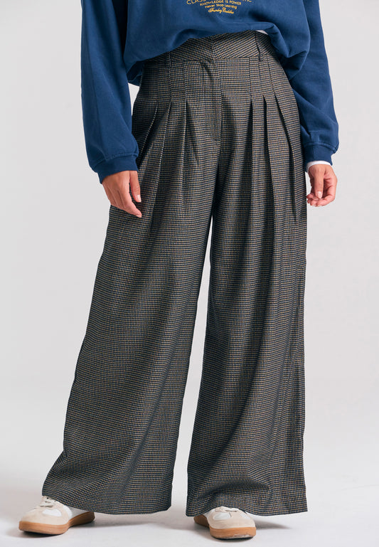 Pantaloni palazzo în carouri, cu talie înaltă, lejeră