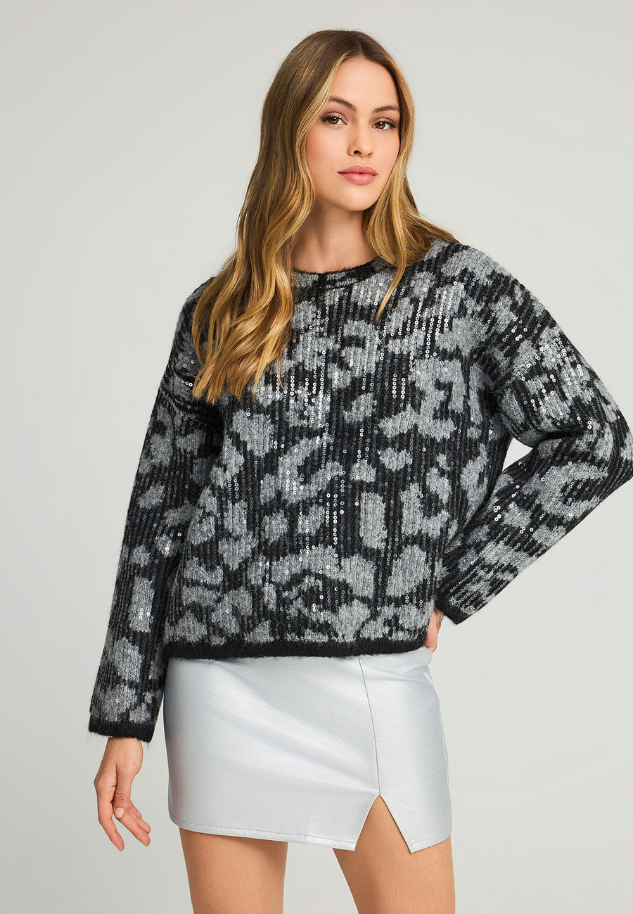 Pulover tricotat cu paiete și imprimeu animal