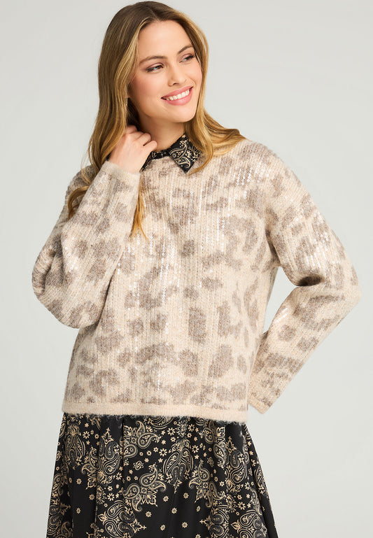 Pulover tricotat cu paiete și imprimeu animal