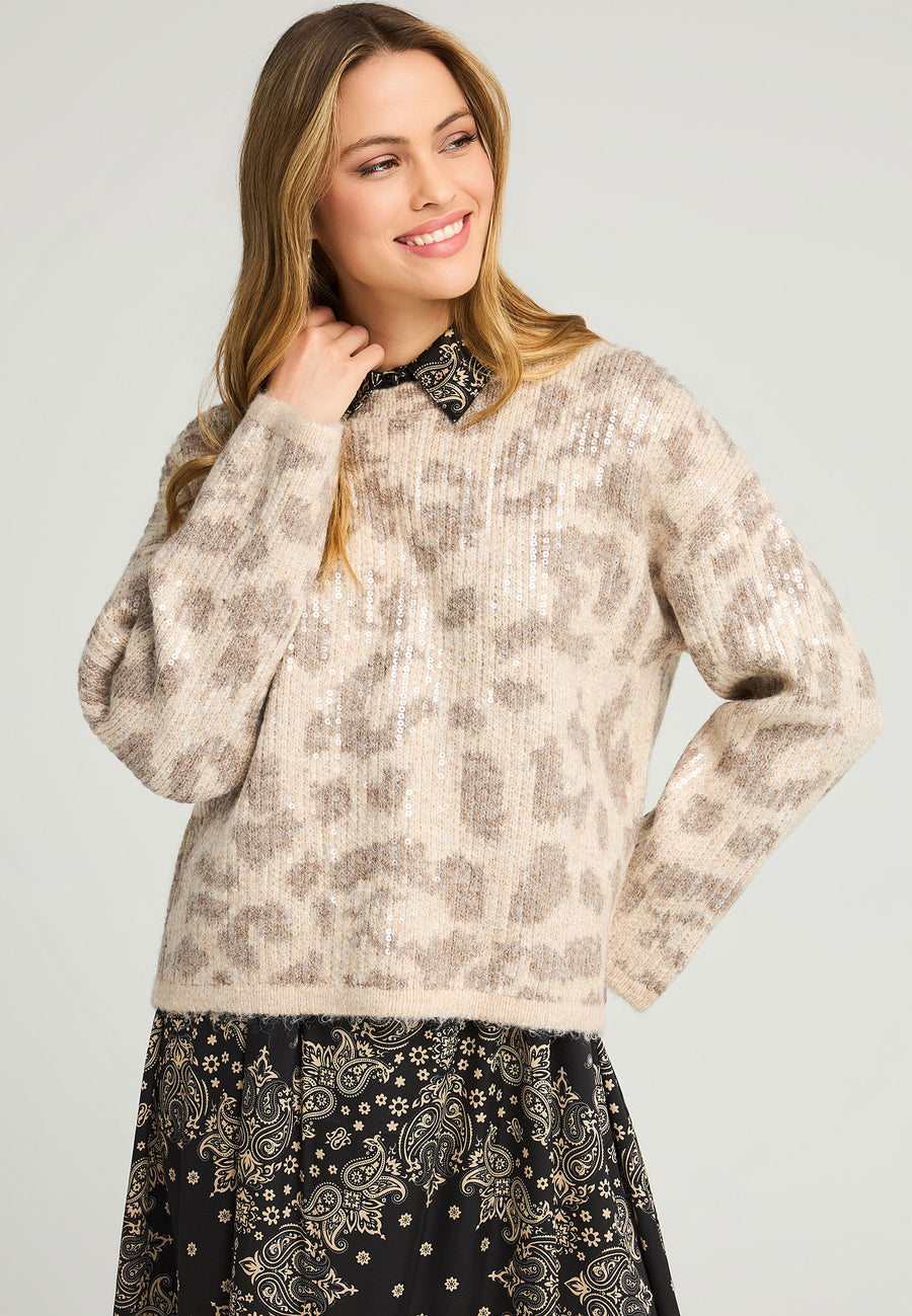 Pulover tricotat cu paiete și imprimeu animal