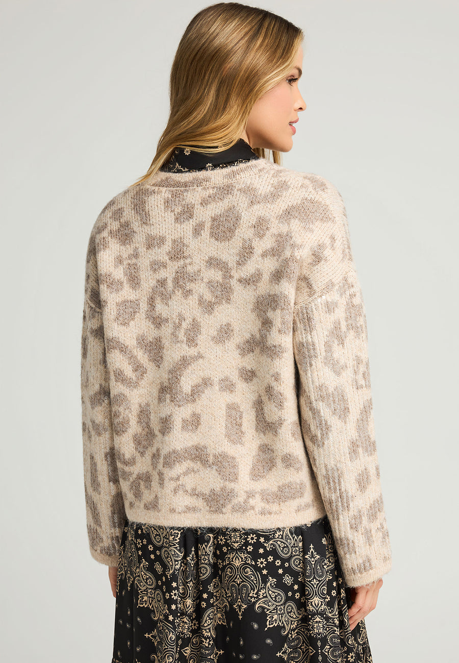 Pulover tricotat cu paiete și imprimeu animal