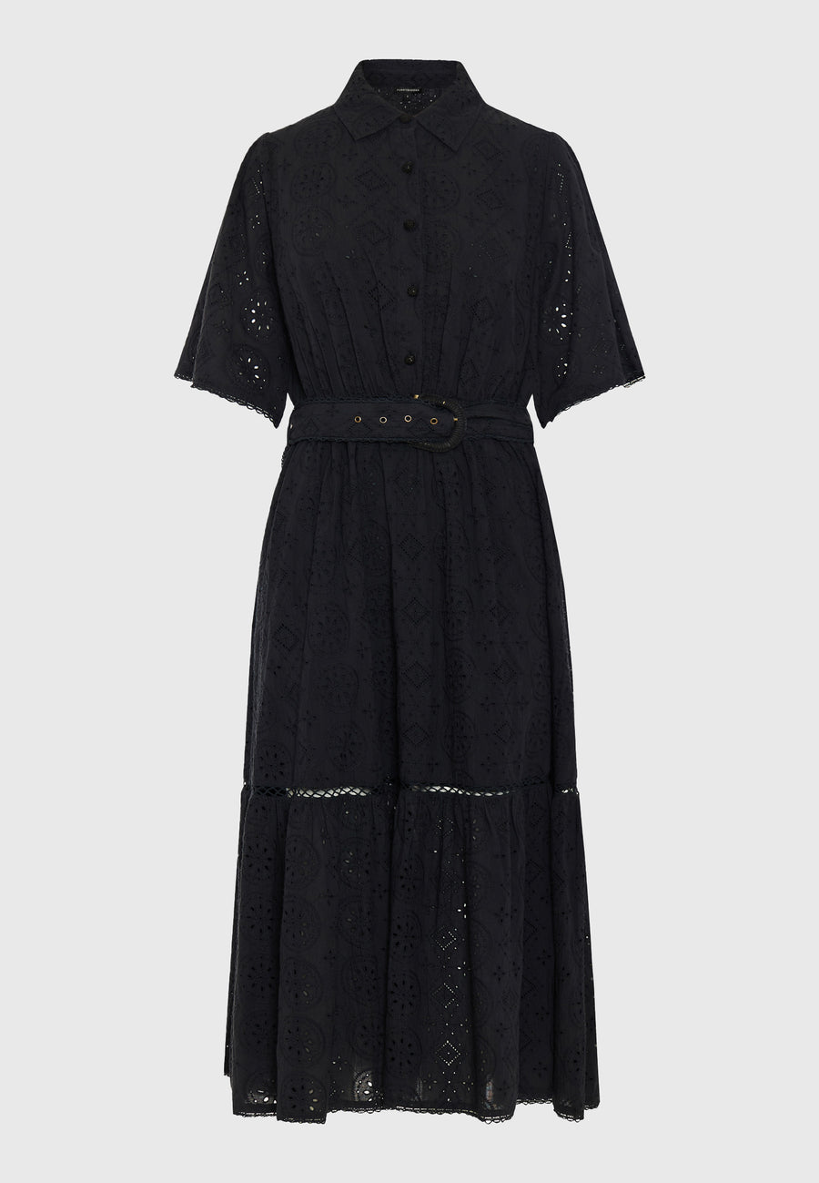 Rochie midi de damă din bumbac, croială relaxată, brodată