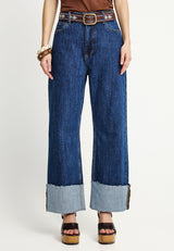 Pantaloni de damă din denim, cu manșetă la tiv