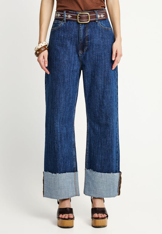 Pantaloni de damă din denim, cu manșetă la tiv