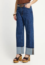 Pantaloni de damă din denim, cu manșetă la tiv