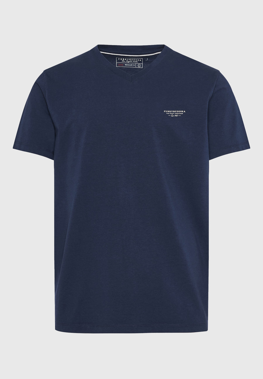 Tricou cu decolteu în V și logo pe piept - Bleumarin