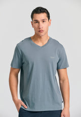 Tricou cu decolteu în V și logo pe piept - Gri oțel