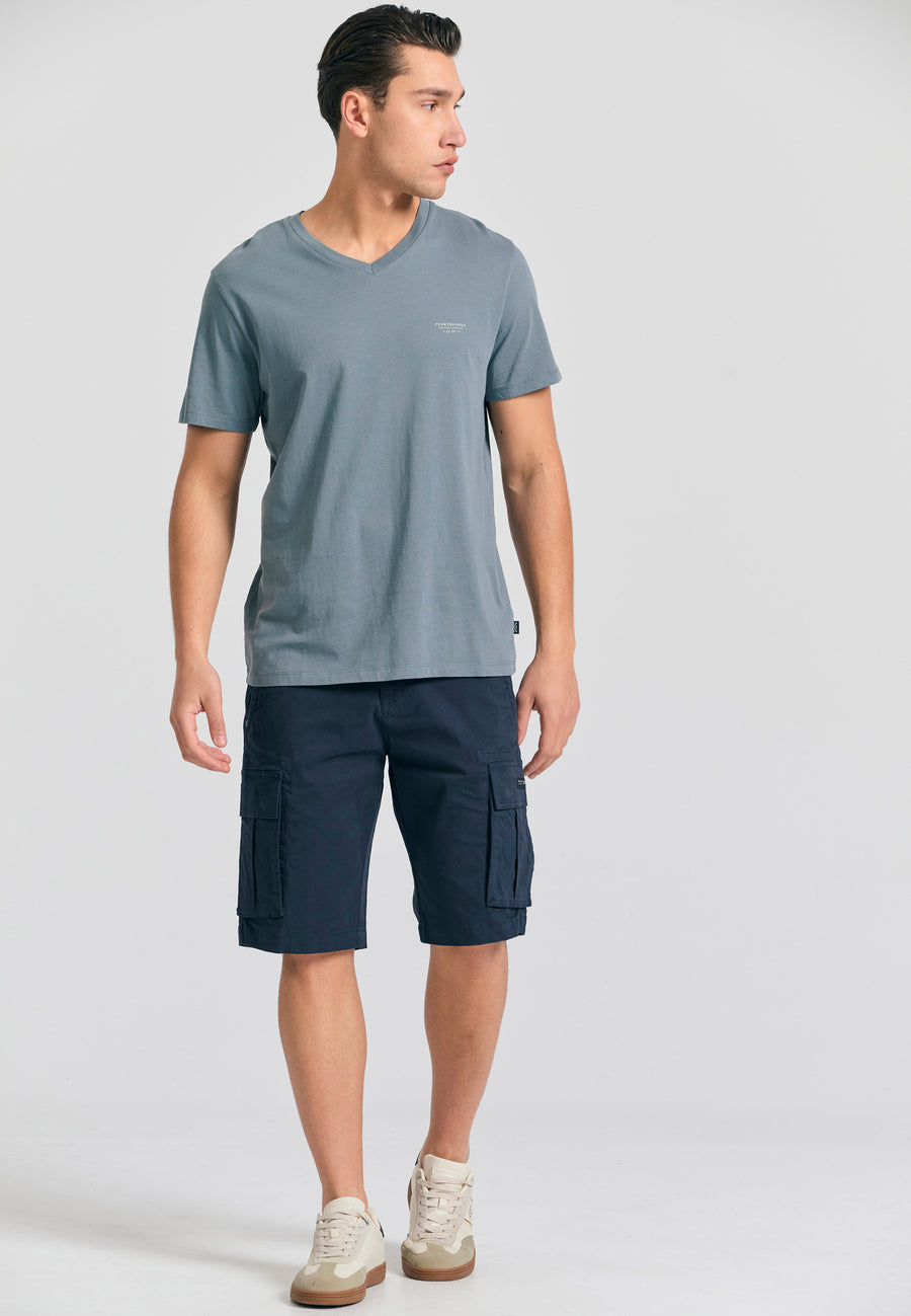Tricou cu decolteu în V și logo pe piept - Gri oțel