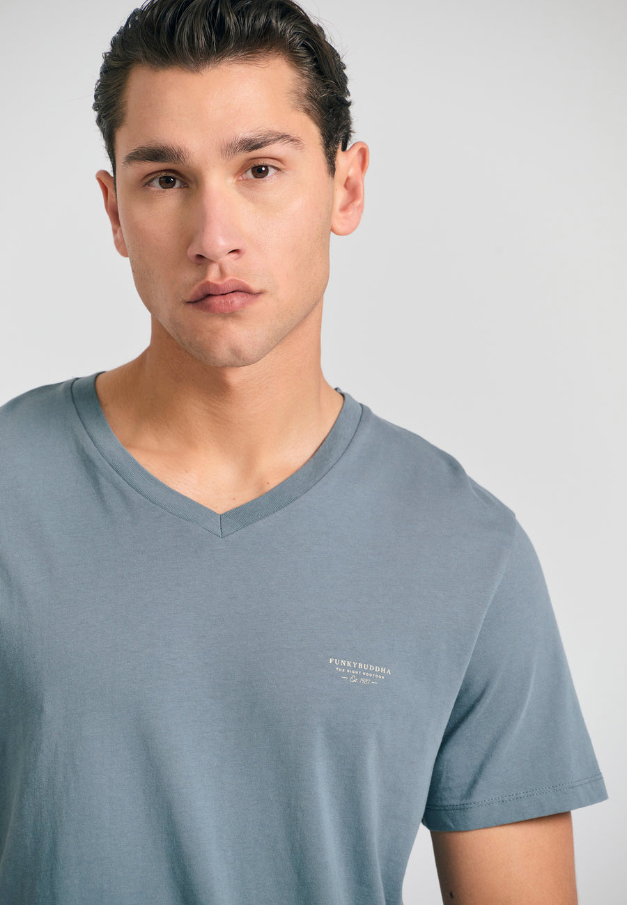Tricou cu decolteu în V și logo pe piept - Gri oțel