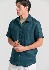 Garment dyed short sleeve linen shirt - The essentials - Dark sea