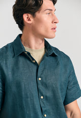 Garment dyed short sleeve linen shirt - The essentials - Dark sea