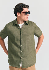 Garment dyed short sleeve linen shirt - The essentials - Khaki