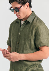 Garment dyed short sleeve linen shirt - The essentials - Khaki