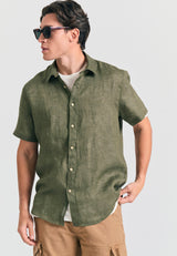 Garment dyed short sleeve linen shirt - The essentials - Khaki