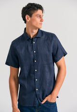 Garment dyed short sleeve linen shirt - The essentials - Navy