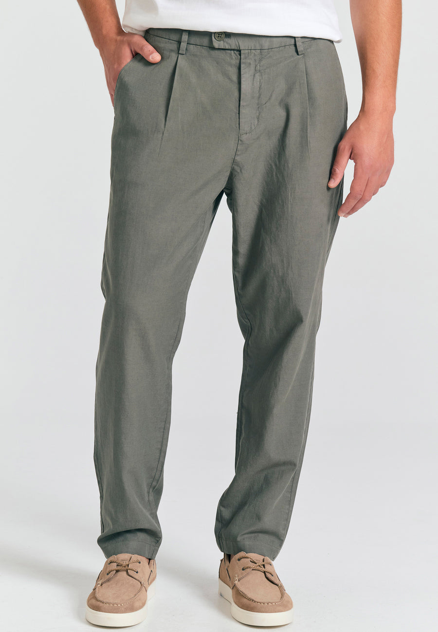 Pantaloni chino bărbătești din amestec de in - Verde prăfuit