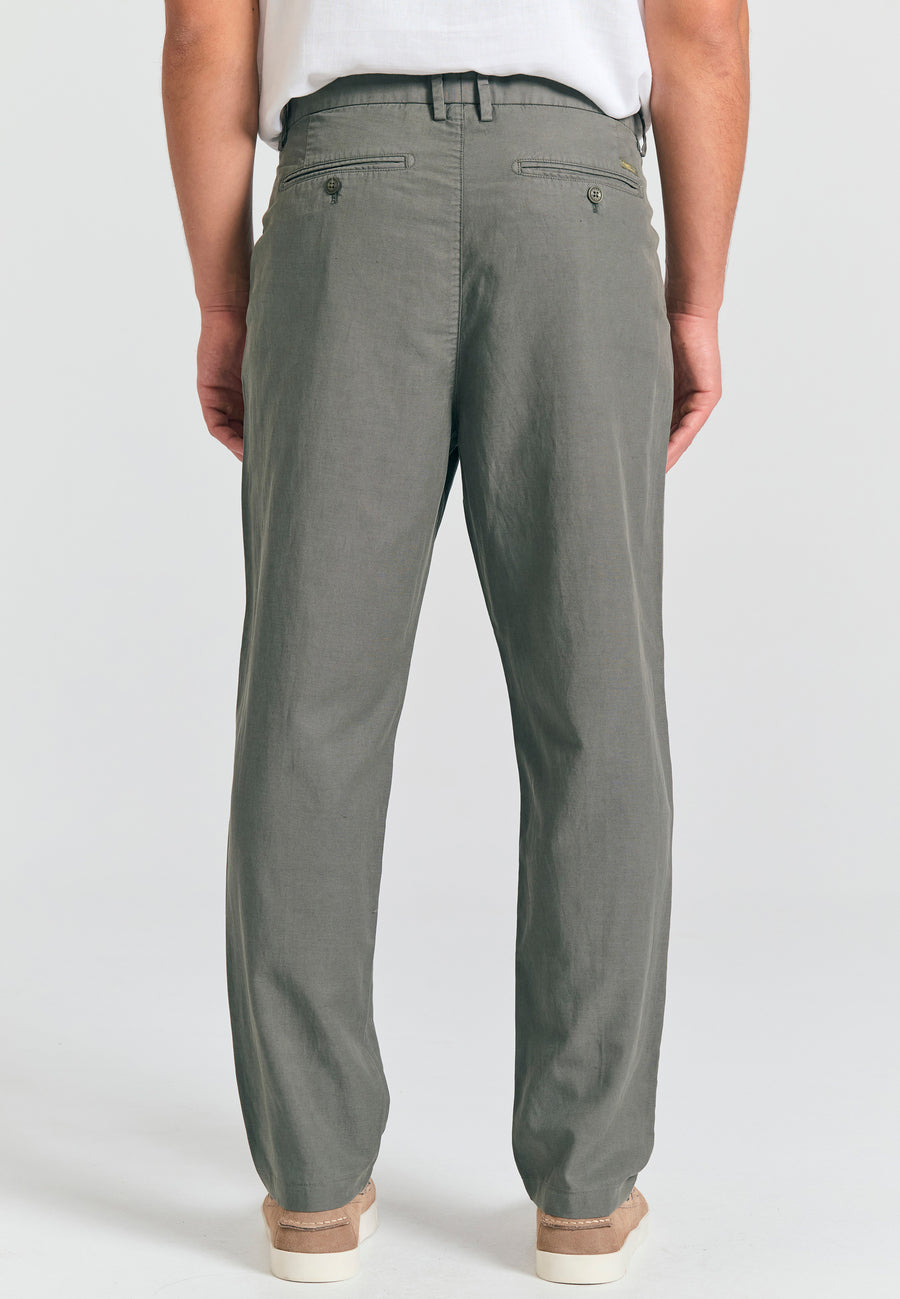 Pantaloni chino bărbătești din amestec de in - Verde prăfuit