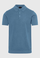 Pulover cu guler polo din material melanj - albastru azur mel