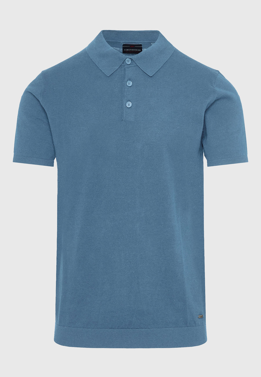 Pulover cu guler polo din material melanj - albastru azur mel