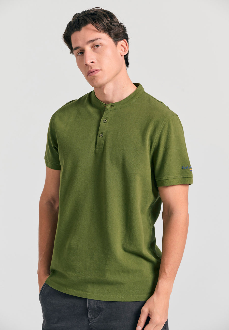 Tricou polo cu guler Mao și broderie pe mânecă - Kaki
