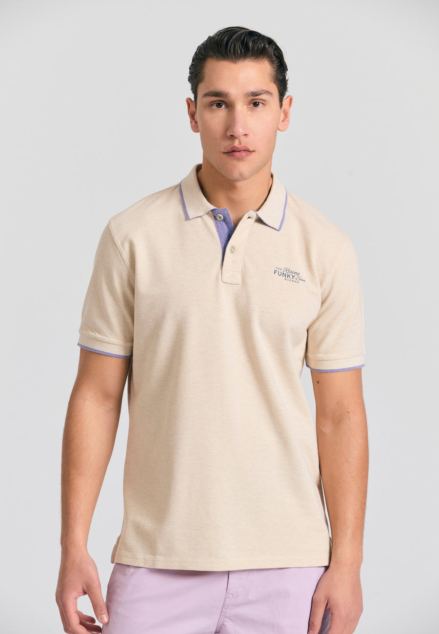 Tricou polo din material melanj - Ecru mel