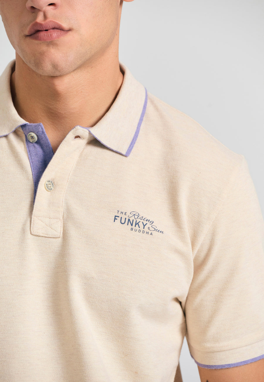 Tricou polo din material melanj - Ecru mel