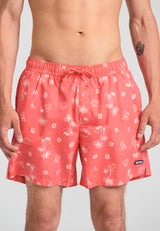 Men's swim shorts with tropical print - Sunset coral