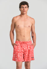 Men's swim shorts with tropical print - Sunset coral