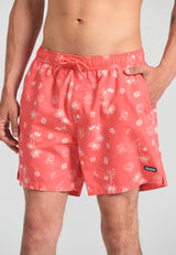 Men's swim shorts with tropical print - Sunset coral