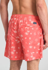 Men's swim shorts with tropical print - Sunset coral