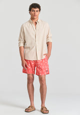 Men's swim shorts with tropical print - Sunset coral