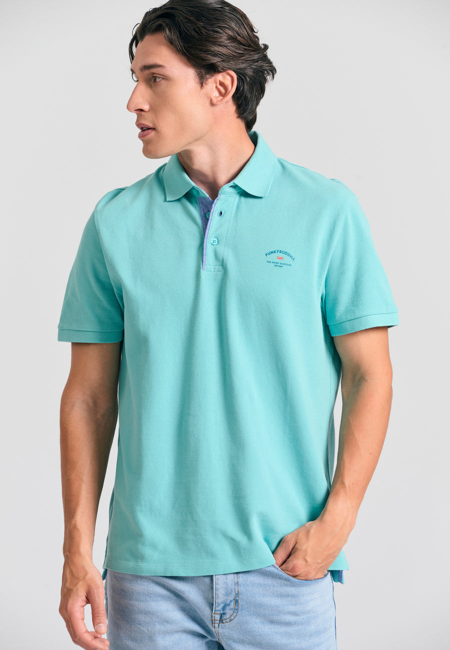 Tricou polo cu imprimeu grafic pe piept - Aqua