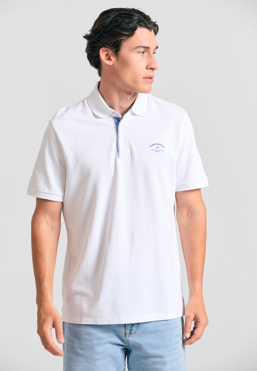 Tricou polo cu imprimeu grafic pe piept - Alb
