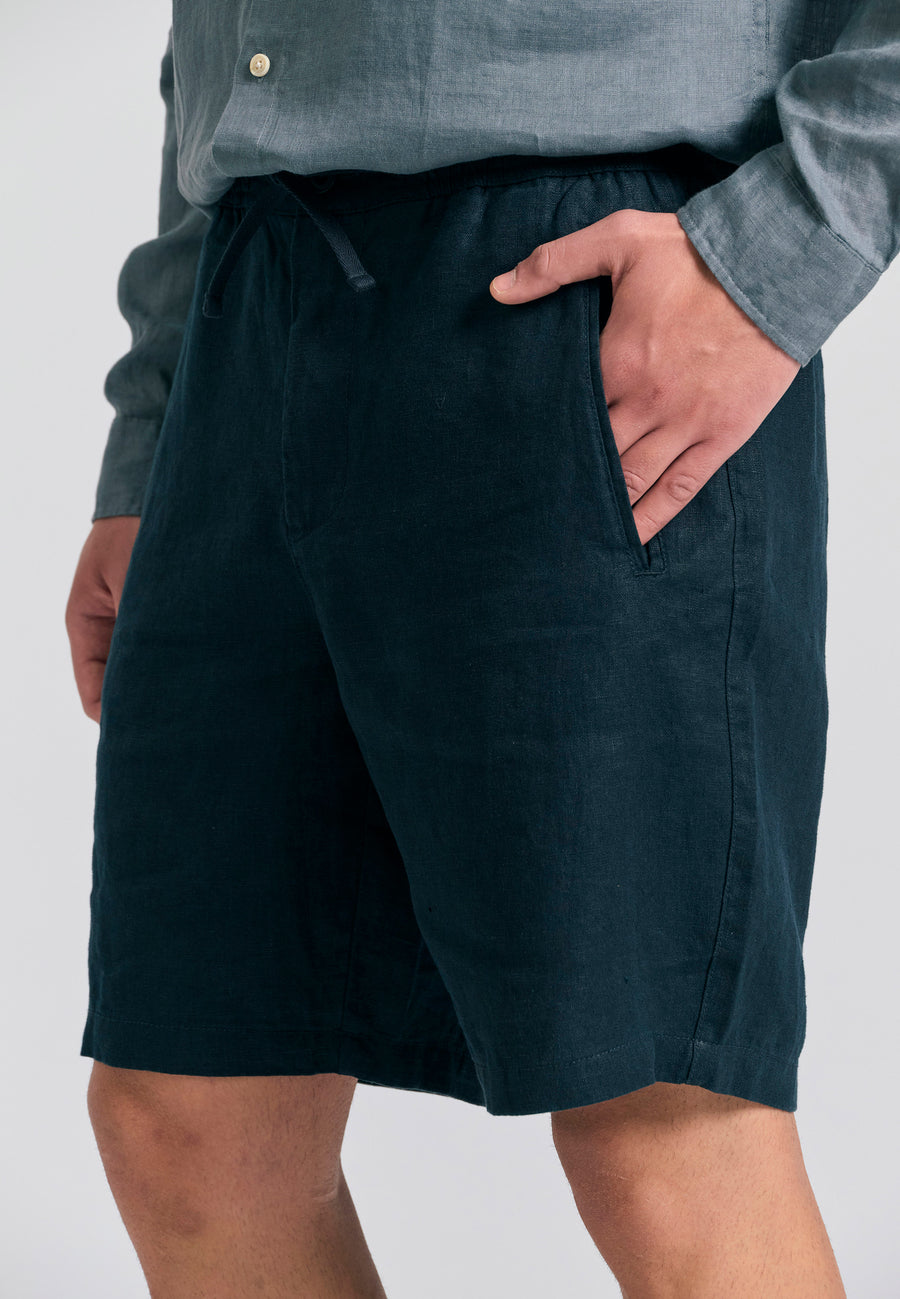 Pantaloni scurți confortabili din in vopsit în haine pentru bărbați - Negru