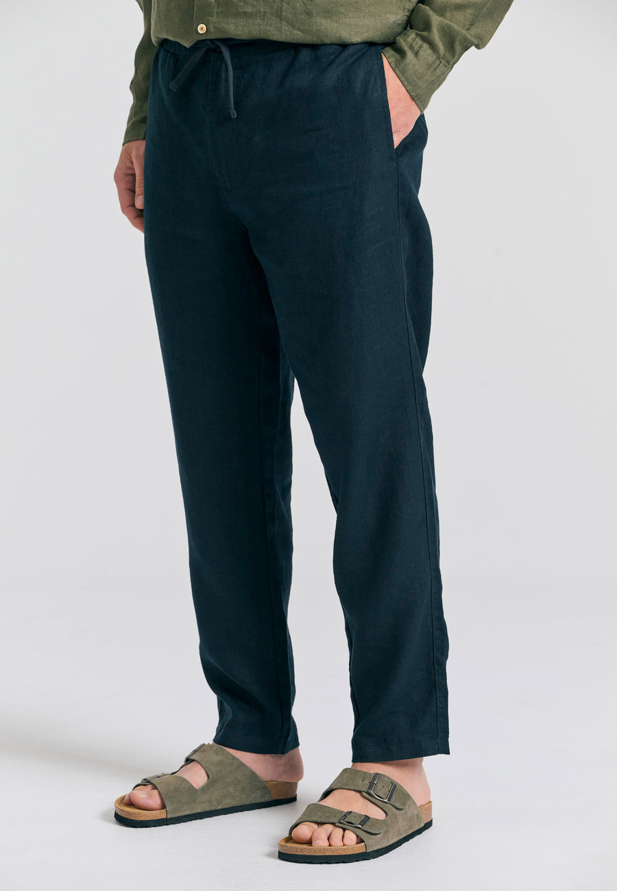 Pantaloni chino din in pentru bărbați, croială confortabilă - Negri