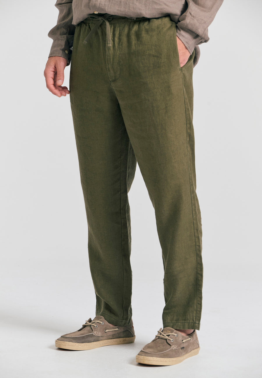 Pantaloni chino din in pentru bărbați, croială confortabilă - Kaki