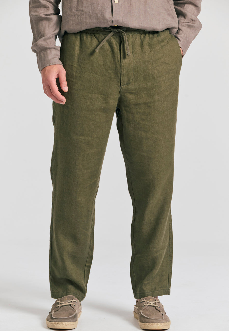 Pantaloni chino din in pentru bărbați, croială confortabilă - Kaki