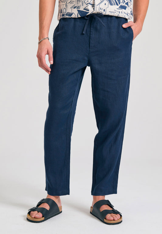 Pantaloni chino din in pentru bărbați, croială confortabilă - Bleumarin