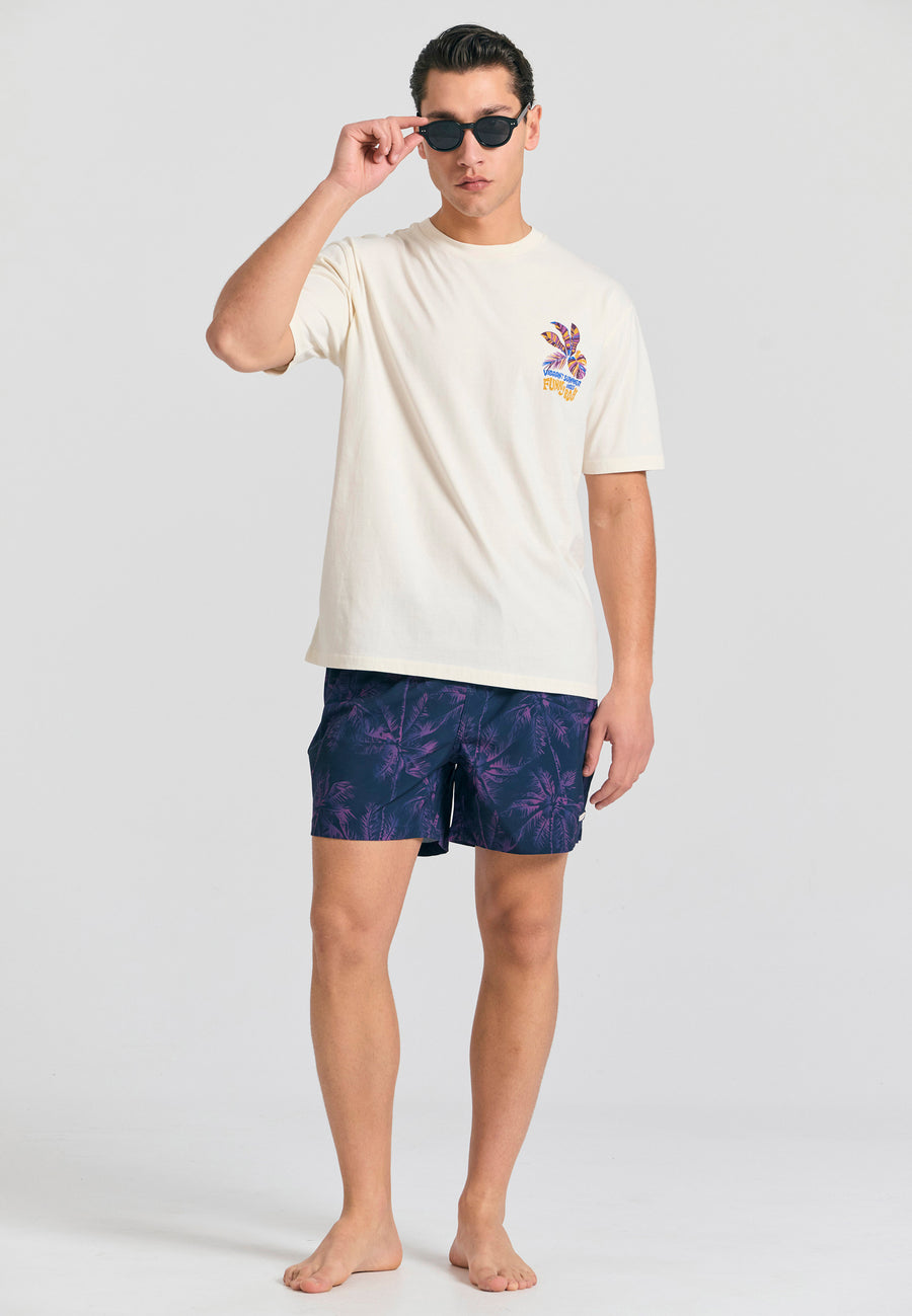 Pantaloni scurți de baie pentru bărbați cu imprimeu tropical - Albastru miezul nopții