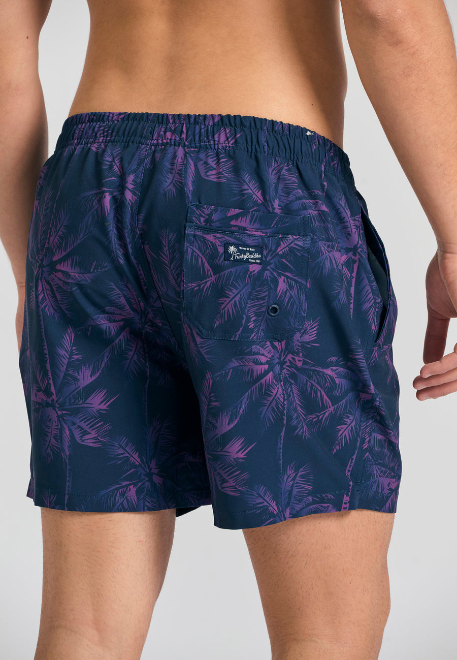 Pantaloni scurți de baie pentru bărbați cu imprimeu tropical - Albastru miezul nopții
