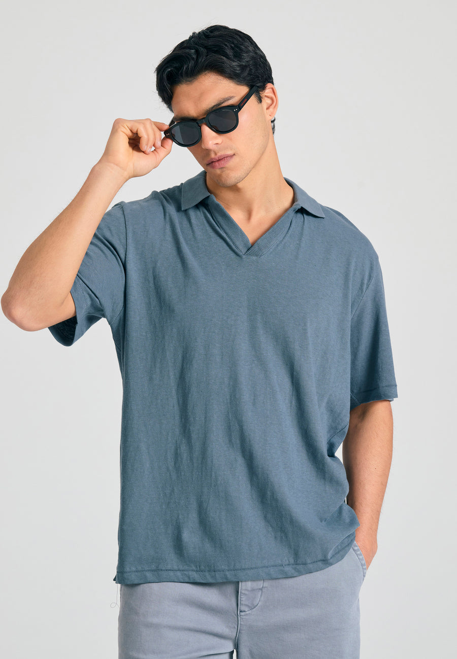 Tricou polo din amestec de in, croială relaxată - Gri oțel
