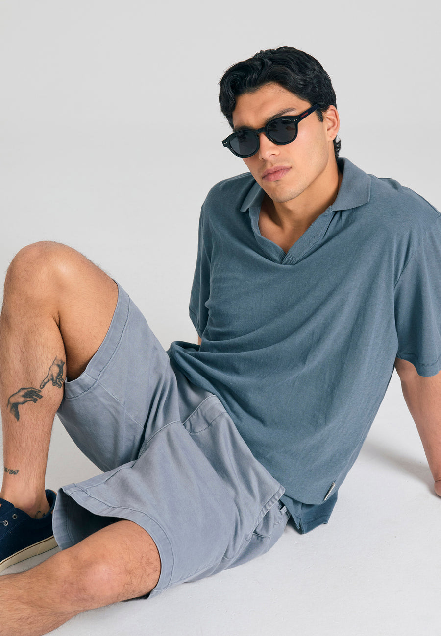 Tricou polo din amestec de in, croială relaxată - Gri oțel