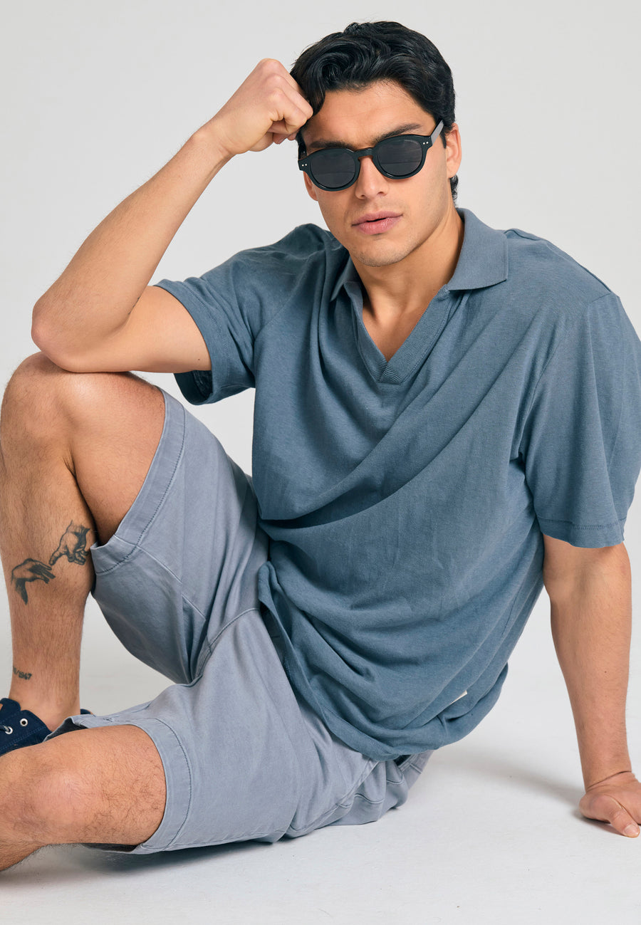 Tricou polo din amestec de in, croială relaxată - Gri oțel