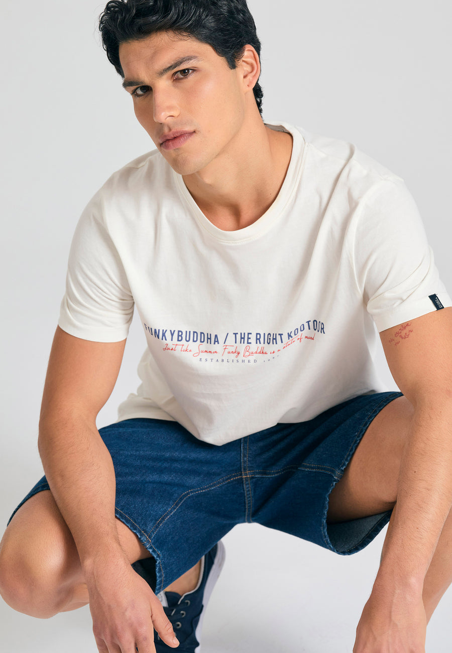 Tricou cu imprimeu Funky Buddha pe piept - Alb-gălbui