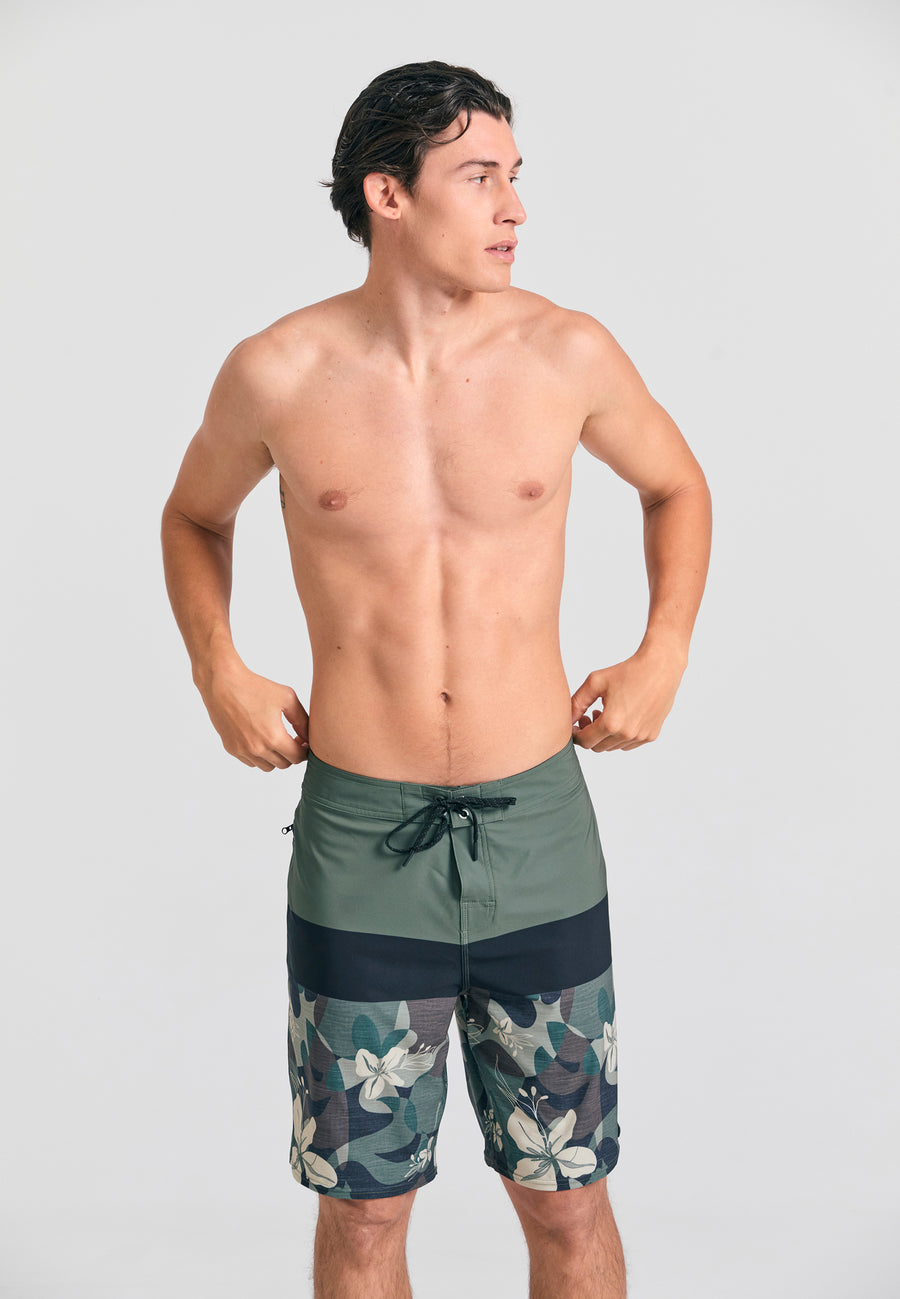 Pantaloni scurți de boardshort pentru bărbați cu imprimeu floral - Kaki